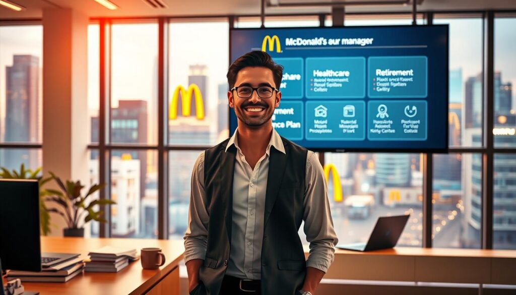 A well-lit, dynamic scene depicting the various benefits and perks enjoyed by a McDonald's manager. In the foreground, a smiling manager stands in a modern, sleek McDonald's office, surrounded by a stack of documents, a laptop, and a coffee mug. The middle ground showcases a large screen displaying healthcare, retirement, and insurance plan details. In the background, a vibrant cityscape with skyscrapers and golden arches can be seen through large windows, conveying a sense of urban prosperity and a thriving corporate environment. The lighting is warm and inviting, creating a professional yet approachable atmosphere. A well-lit, dynamic scene depicting the various benefits and perks enjoyed by a McDonald's manager. In the foreground, a smiling manager stands in a modern, sleek McDonald's office, surrounded by a stack of documents, a laptop, and a coffee mug. The middle ground showcases a large screen displaying healthcare, retirement, and insurance plan details. In the background, a vibrant cityscape with skyscrapers and golden arches can be seen through large windows, conveying a sense of urban prosperity and a thriving corporate environment. The lighting is warm and inviting, creating a professional yet approachable atmosphere.
