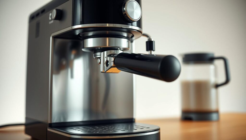 A well-lit, high-quality close-up photograph of a modern coffee maker with an integrated espresso machine, set against a clean, minimalist background. The coffee maker has a sleek, stainless steel or brushed metal exterior, with clearly visible controls and features for both drip coffee and espresso brewing. The espresso portafilter is prominently displayed, showcasing its professional-grade design. Soft, directional lighting illuminates the machine, creating depth and texture. The overall scene conveys a sense of simplicity, efficiency, and the ability to create both drip coffee and espresso-like beverages with a single, versatile appliance. A well-lit, high-quality close-up photograph of a modern coffee maker with an integrated espresso machine, set against a clean, minimalist background. The coffee maker has a sleek, stainless steel or brushed metal exterior, with clearly visible controls and features for both drip coffee and espresso brewing. The espresso portafilter is prominently displayed, showcasing its professional-grade design. Soft, directional lighting illuminates the machine, creating depth and texture. The overall scene conveys a sense of simplicity, efficiency, and the ability to create both drip coffee and espresso-like beverages with a single, versatile appliance.