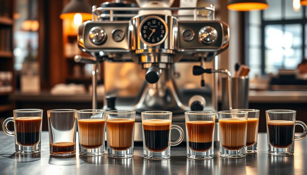 A well-lit, high-resolution image of an assortment of freshly brewed espresso shots in glass cups, arranged on a sleek, stainless steel countertop in front of a professional-grade espresso machine. The machine is showcased in the middle ground, with its polished chrome housing and intricate details. The background is a warm, cozy café setting, with subtle hints of natural light filtering through large windows. The overall mood is one of quality, craftsmanship, and the perfect extraction of the coffee's rich flavors, highlighting the importance of freshness in the espresso-making process. A well-lit, high-resolution image of an assortment of freshly brewed espresso shots in glass cups, arranged on a sleek, stainless steel countertop in front of a professional-grade espresso machine. The machine is showcased in the middle ground, with its polished chrome housing and intricate details. The background is a warm, cozy café setting, with subtle hints of natural light filtering through large windows. The overall mood is one of quality, craftsmanship, and the perfect extraction of the coffee's rich flavors, highlighting the importance of freshness in the espresso-making process.