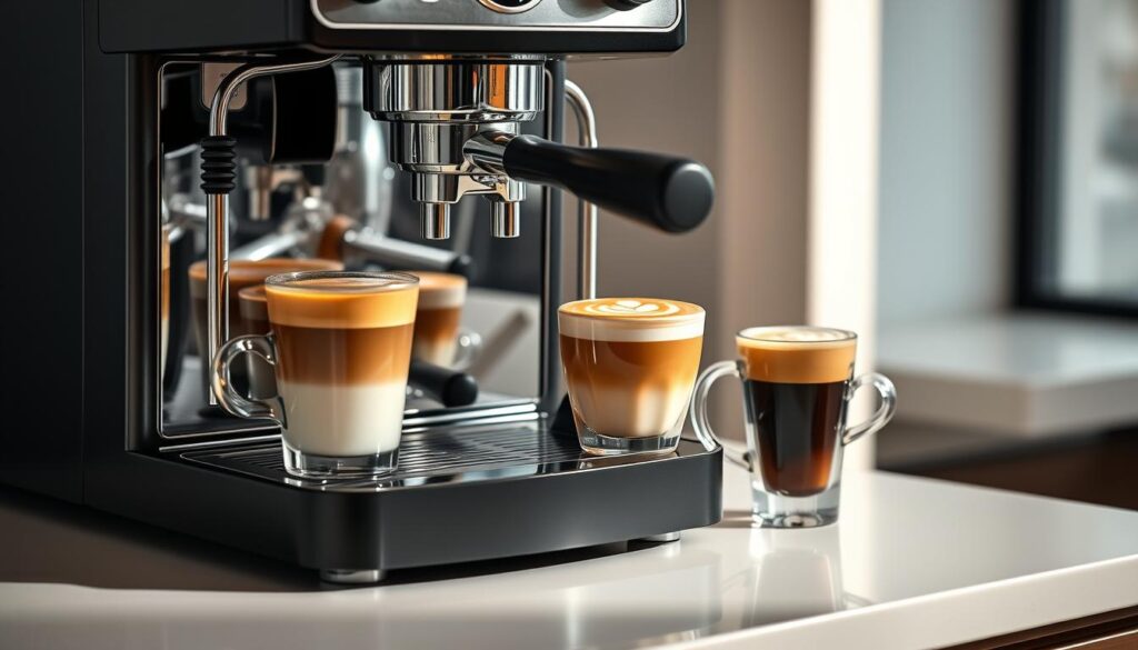A well-lit, high-resolution image of an espresso machine showcasing various coffee options, including an Americano, a latte, a cappuccino, and a shot of pure espresso. The machine is placed on a clean, modern countertop, with a soft, diffused light illuminating the scene. The coffee drinks are artfully presented, with intricate latte art and the rich, dark crema of the espresso. The overall atmosphere is one of refinement and sophistication, reflecting the careful consideration of brewing method and its influence on the final cup. A well-lit, high-resolution image of an espresso machine showcasing various coffee options, including an Americano, a latte, a cappuccino, and a shot of pure espresso. The machine is placed on a clean, modern countertop, with a soft, diffused light illuminating the scene. The coffee drinks are artfully presented, with intricate latte art and the rich, dark crema of the espresso. The overall atmosphere is one of refinement and sophistication, reflecting the careful consideration of brewing method and its influence on the final cup.