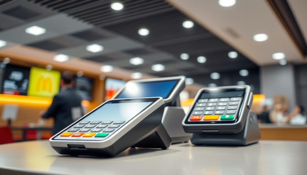 A well-lit, high-resolution image of the various payment methods accepted at a modern McDonald's restaurant. The foreground prominently displays a sleek, silver card reader and a touchscreen payment terminal, showcasing contactless and mobile payment options. The middle ground features a cash register, illustrating the traditional cash and coin payment process. The background subtly depicts the restaurant's interior, with clean lines and a minimalist design, creating a professional and efficient atmosphere. The overall composition conveys the diverse and convenient payment options available to McDonald's customers.