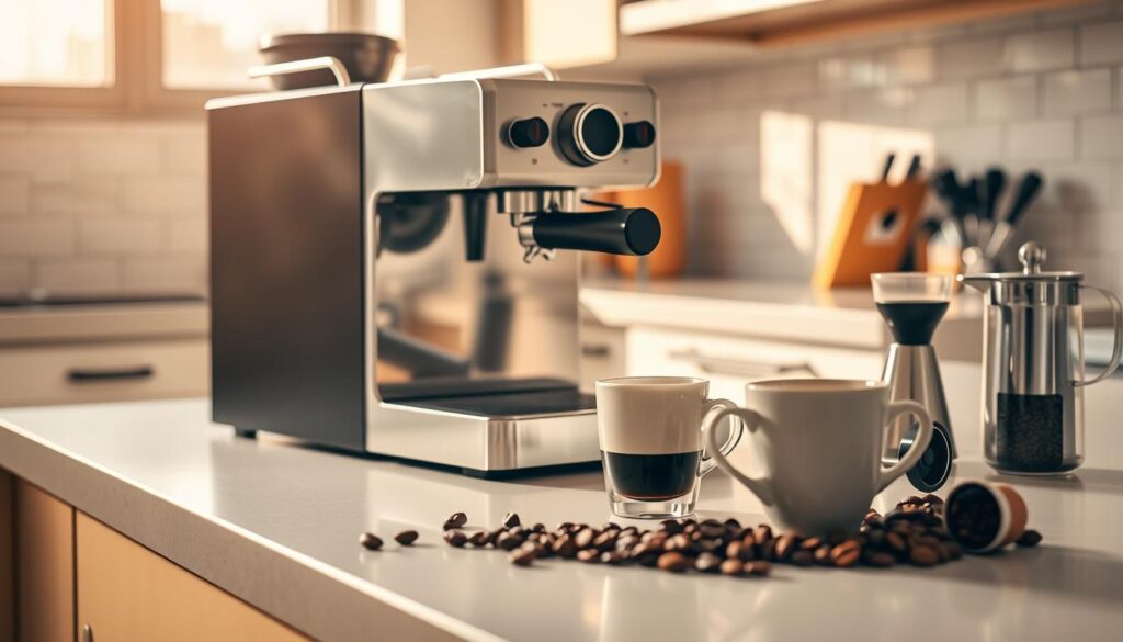 A well-lit kitchen counter, clean and organized, with a high-quality espresso machine placed at the center. The machine has a sleek, stainless steel finish and a professional-grade portafilter. Nearby, a ceramic mug sits in anticipation, ready to capture the rich, aromatic espresso that will soon be brewed. The countertop is adorned with freshly ground coffee beans, a tamper, and a milk frother, hinting at the barista-worthy experience about to unfold. Warm, natural lighting filters in, casting a soft glow and creating a welcoming atmosphere for the home espresso ritual. The scene conveys a sense of precision, passion, and the promise of a delightful, cafe-quality beverage. A well-lit kitchen counter, clean and organized, with a high-quality espresso machine placed at the center. The machine has a sleek, stainless steel finish and a professional-grade portafilter. Nearby, a ceramic mug sits in anticipation, ready to capture the rich, aromatic espresso that will soon be brewed. The countertop is adorned with freshly ground coffee beans, a tamper, and a milk frother, hinting at the barista-worthy experience about to unfold. Warm, natural lighting filters in, casting a soft glow and creating a welcoming atmosphere for the home espresso ritual. The scene conveys a sense of precision, passion, and the promise of a delightful, cafe-quality beverage.