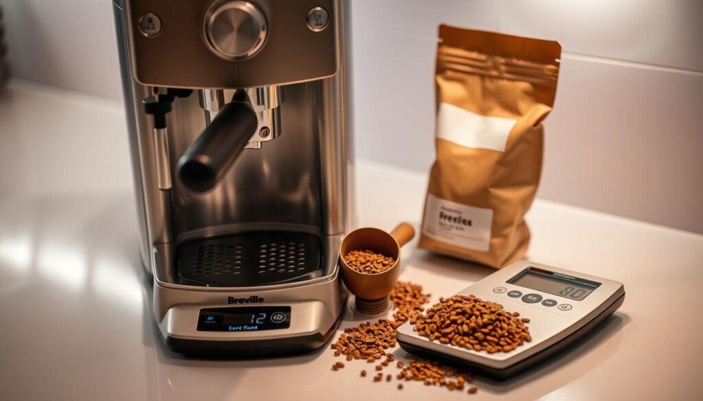 A well-lit kitchen counter, the center stage for a precise coffee brewing ritual. On the surface, a sleek silver Breville espresso machine, its portafilter resting nearby. Beside it, a wooden coffee scoop, a digital scale, and a bag of freshly roasted coffee beans. The golden-brown grounds are carefully portioned, the aroma filling the air as the scale's display shows the exact weight. Soft, diffused light casts a warm glow, highlighting the methodical process of measuring and dosing the perfect amount of coffee for a flawless brew. A well-lit kitchen counter, the center stage for a precise coffee brewing ritual. On the surface, a sleek silver Breville espresso machine, its portafilter resting nearby. Beside it, a wooden coffee scoop, a digital scale, and a bag of freshly roasted coffee beans. The golden-brown grounds are carefully portioned, the aroma filling the air as the scale's display shows the exact weight. Soft, diffused light casts a warm glow, highlighting the methodical process of measuring and dosing the perfect amount of coffee for a flawless brew.