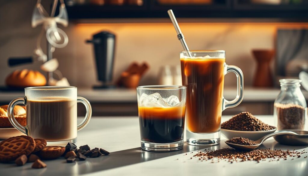 A well-lit kitchen counter with a variety of instant coffee preparations - a steaming mug of instant espresso, a glass of iced instant coffee, and a spoonful of instant coffee crystals. On the counter, an assortment of baked goods, a milk frother, and a small jar of sweetener. The scene is bathed in warm, natural lighting, creating a cozy, inviting atmosphere. The focus is on the versatility and convenience of instant coffee, highlighting its ability to be enjoyed in multiple ways, from hot to cold, and complemented by various accompaniments. A well-lit kitchen counter with a variety of instant coffee preparations - a steaming mug of instant espresso, a glass of iced instant coffee, and a spoonful of instant coffee crystals. On the counter, an assortment of baked goods, a milk frother, and a small jar of sweetener. The scene is bathed in warm, natural lighting, creating a cozy, inviting atmosphere. The focus is on the versatility and convenience of instant coffee, highlighting its ability to be enjoyed in multiple ways, from hot to cold, and complemented by various accompaniments.
