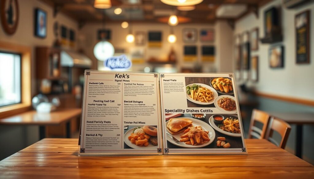 A well-lit overhead view of Keke's Breakfast Cafe's menu displayed on a wooden table, with the restaurant's signature dishes prominently featured. The menu showcases the cafe's specialty items, each with mouthwatering descriptions and beautifully arranged food photography. The lighting casts a warm, inviting glow, creating a cozy, intimate atmosphere. The background features a blurred, out-of-focus view of the cafe's interior, hinting at the charming ambiance. The overall composition conveys a sense of culinary delight and anticipation, perfectly capturing the essence of the "Specialty Dishes to Try" section. A well-lit overhead view of Keke's Breakfast Cafe's menu displayed on a wooden table, with the restaurant's signature dishes prominently featured. The menu showcases the cafe's specialty items, each with mouthwatering descriptions and beautifully arranged food photography. The lighting casts a warm, inviting glow, creating a cozy, intimate atmosphere. The background features a blurred, out-of-focus view of the cafe's interior, hinting at the charming ambiance. The overall composition conveys a sense of culinary delight and anticipation, perfectly capturing the essence of the "Specialty Dishes to Try" section.