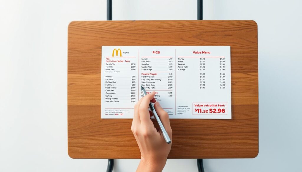A well-lit, top-down view of a wooden table with a McDonald's paper menu on it. The menu has clearly printed prices and item names, with the $1, $2, and $3 value menu items highlighted. A hand is holding a pen, ready to take an order. The table is surrounded by a clean, minimalist background, creating a calm and focused atmosphere for the ordering process. A well-lit, top-down view of a wooden table with a McDonald's paper menu on it. The menu has clearly printed prices and item names, with the $1, $2, and $3 value menu items highlighted. A hand is holding a pen, ready to take an order. The table is surrounded by a clean, minimalist background, creating a calm and focused atmosphere for the ordering process.