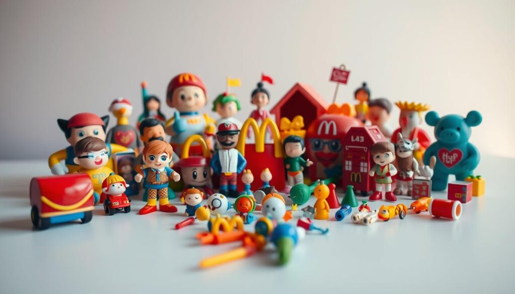 A whimsical collection of colorful and playful Happy Meal toys, arranged in a dynamic composition on a clean, well-lit tabletop. The toys are captured from a slight birds-eye angle, creating a sense of depth and hierarchy. The foreground showcases a diverse array of iconic McDonald's characters and franchise-themed trinkets, each rendered with intricate details and vibrant hues. The middle ground features a scattered arrangement of smaller, complementary toy pieces, while the background subtly fades into a neutral, softly-lit backdrop, allowing the toys to take center stage. The overall mood is one of joy, nostalgia, and the enduring appeal of these beloved childhood treasures. A whimsical collection of colorful and playful Happy Meal toys, arranged in a dynamic composition on a clean, well-lit tabletop. The toys are captured from a slight birds-eye angle, creating a sense of depth and hierarchy. The foreground showcases a diverse array of iconic McDonald's characters and franchise-themed trinkets, each rendered with intricate details and vibrant hues. The middle ground features a scattered arrangement of smaller, complementary toy pieces, while the background subtly fades into a neutral, softly-lit backdrop, allowing the toys to take center stage. The overall mood is one of joy, nostalgia, and the enduring appeal of these beloved childhood treasures.