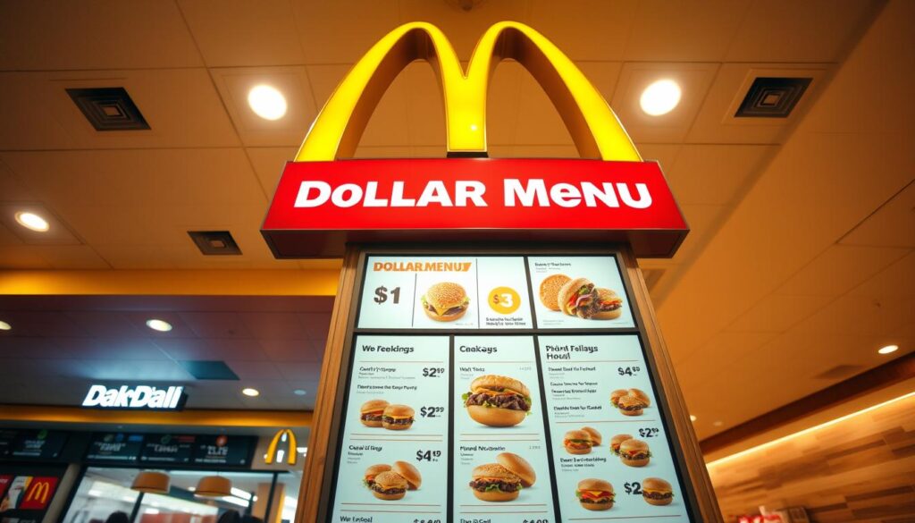 A wide-angle view of a brightly lit McDonald's restaurant interior, with the iconic golden arches prominently displayed. The focus is on the prominent "Dollar Menu" sign, showcasing an array of menu items priced at $1, $2, and $3. The menu items are neatly arranged, with high-resolution product images and clear pricing information. The lighting is warm and inviting, creating a welcoming atmosphere. The background is slightly blurred, emphasizing the menu at the center of the frame. The overall composition conveys the affordability and accessibility of the McDonald's Dollar Menu. A wide-angle view of a brightly lit McDonald's restaurant interior, with the iconic golden arches prominently displayed. The focus is on the prominent "Dollar Menu" sign, showcasing an array of menu items priced at $1, $2, and $3. The menu items are neatly arranged, with high-resolution product images and clear pricing information. The lighting is warm and inviting, creating a welcoming atmosphere. The background is slightly blurred, emphasizing the menu at the center of the frame. The overall composition conveys the affordability and accessibility of the McDonald's Dollar Menu.