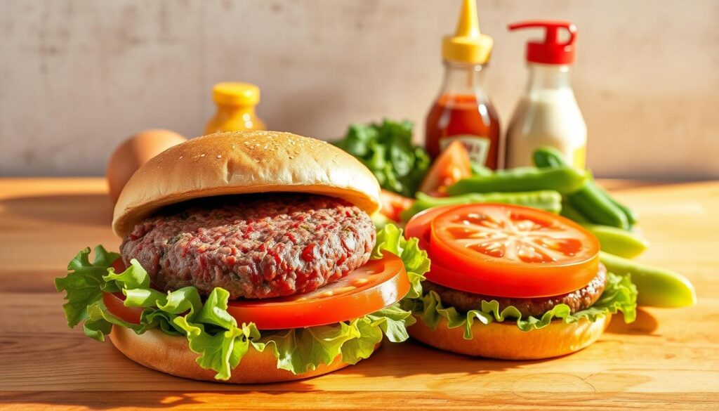 An assortment of fresh, high-quality hamburger ingredients arranged neatly on a wooden surface, bathed in warm, natural lighting. In the foreground, a juicy beef patty, a soft, toasted bun, crunchy lettuce leaves, ripe tomato slices, and tangy pickles. In the middle ground, an array of condiments - zesty mustard, creamy mayonnaise, and savory ketchup - waiting to be applied. The background features a subtle texture, hinting at the preparation area, creating a sense of anticipation for the creation of a classic McDonald's-style hamburger. An assortment of fresh, high-quality hamburger ingredients arranged neatly on a wooden surface, bathed in warm, natural lighting. In the foreground, a juicy beef patty, a soft, toasted bun, crunchy lettuce leaves, ripe tomato slices, and tangy pickles. In the middle ground, an array of condiments - zesty mustard, creamy mayonnaise, and savory ketchup - waiting to be applied. The background features a subtle texture, hinting at the preparation area, creating a sense of anticipation for the creation of a classic McDonald's-style hamburger.