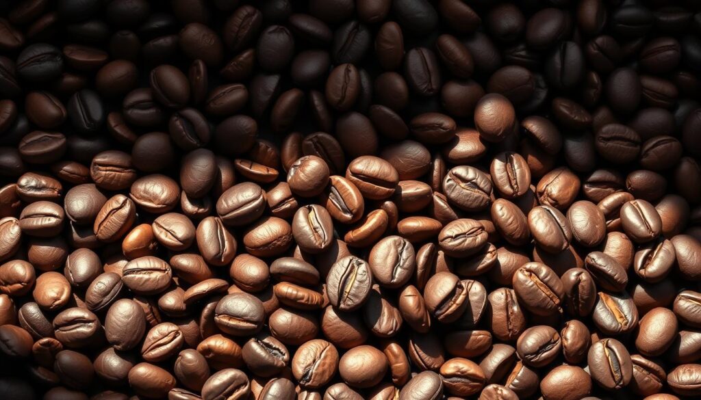 An assortment of premium coffee beans, freshly roasted and arranged in a visually appealing still life composition. The beans are presented in their natural state, showcasing their distinct shapes, colors, and textures - from the deep ebony hues of the Robusta variety to the rich mahogany of the Arabica. Soft, directional lighting casts gentle shadows, accentuating the beans' subtle nuances and creating a warm, inviting atmosphere. The layout is carefully balanced, with the beans positioned in a way that draws the viewer's eye and highlights their individual characteristics. This image aims to capture the essence of the diverse coffee bean types that are essential for crafting the perfect espresso. An assortment of premium coffee beans, freshly roasted and arranged in a visually appealing still life composition. The beans are presented in their natural state, showcasing their distinct shapes, colors, and textures - from the deep ebony hues of the Robusta variety to the rich mahogany of the Arabica. Soft, directional lighting casts gentle shadows, accentuating the beans' subtle nuances and creating a warm, inviting atmosphere. The layout is carefully balanced, with the beans positioned in a way that draws the viewer's eye and highlights their individual characteristics. This image aims to capture the essence of the diverse coffee bean types that are essential for crafting the perfect espresso.