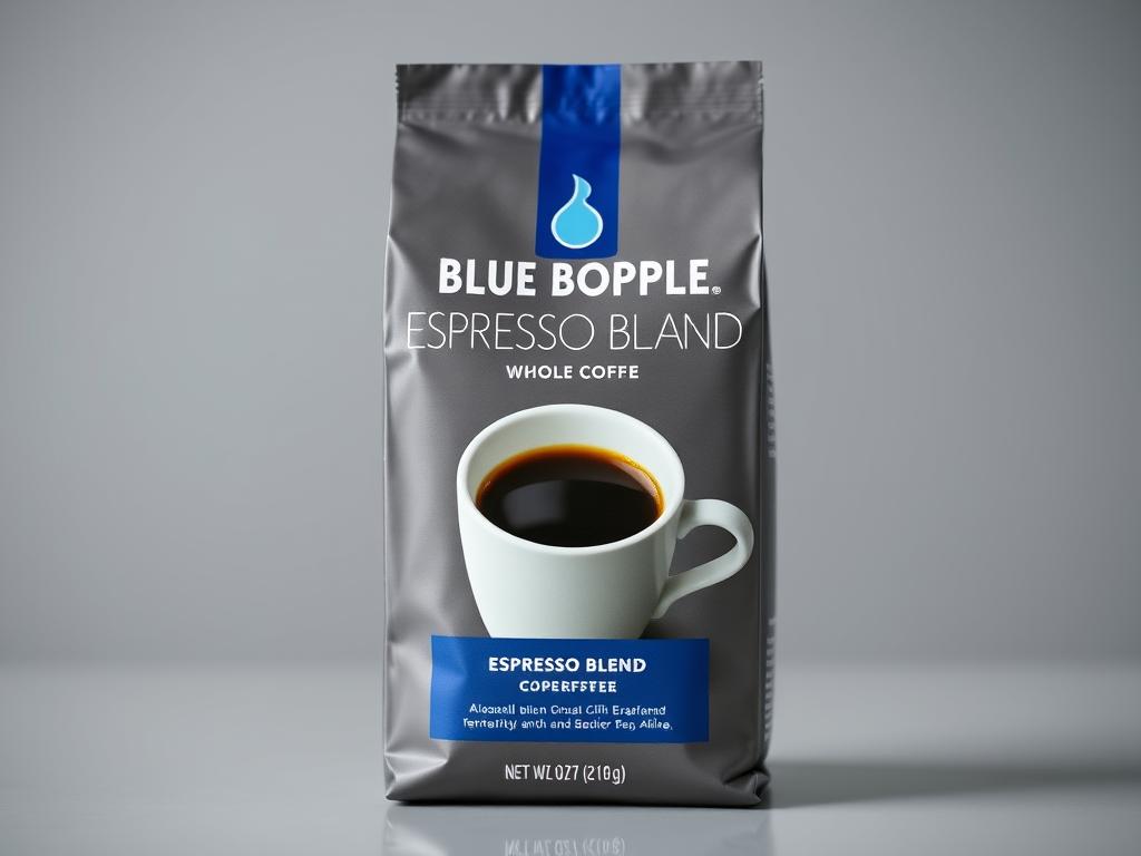 Blue Bottle Espresso Blend package with espresso in a cup Blue Bottle Espresso Blend package with espresso in a cup