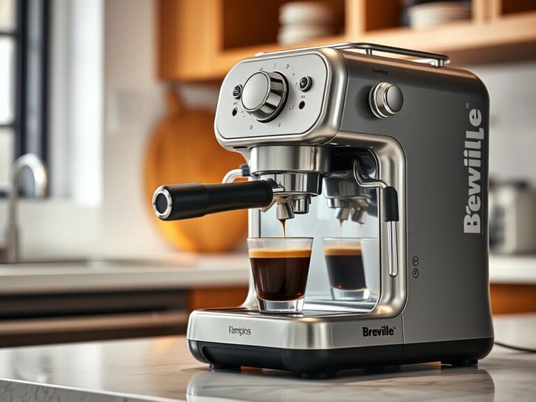 Breville Bambino Plus espresso machine brewing espresso with steam coming from the portafilter