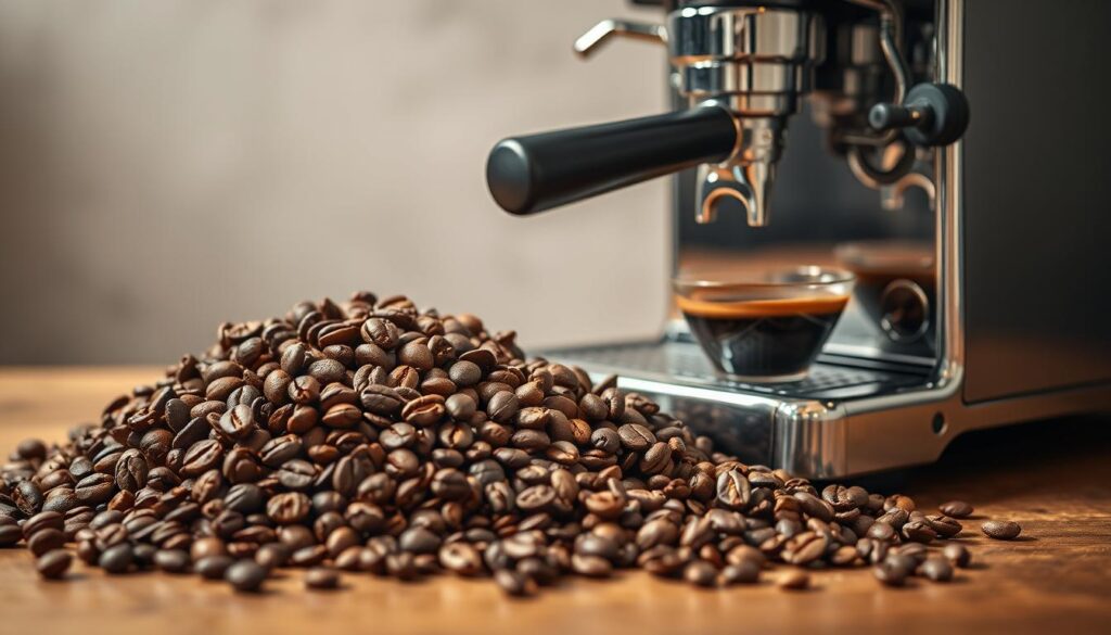 Choosing coffee for espresso machine: A still life showcase of freshly roasted coffee beans, whole and ground, artfully arranged on a wooden table. The beans are of diverse origins and roasts, each with its own distinctive aroma and flavor profile. A high-end espresso machine stands nearby, its sleek stainless steel exterior gleaming under soft, warm lighting. The scene exudes an air of deliberation and precision, as the discerning coffee enthusiast contemplates the perfect blend to extract the most nuanced, rich, and creamy espresso. The image conveys the care and attention required to craft the perfect shot, a testament to the art of espresso making. Choosing coffee for espresso machine: A still life showcase of freshly roasted coffee beans, whole and ground, artfully arranged on a wooden table. The beans are of diverse origins and roasts, each with its own distinctive aroma and flavor profile. A high-end espresso machine stands nearby, its sleek stainless steel exterior gleaming under soft, warm lighting. The scene exudes an air of deliberation and precision, as the discerning coffee enthusiast contemplates the perfect blend to extract the most nuanced, rich, and creamy espresso. The image conveys the care and attention required to craft the perfect shot, a testament to the art of espresso making.