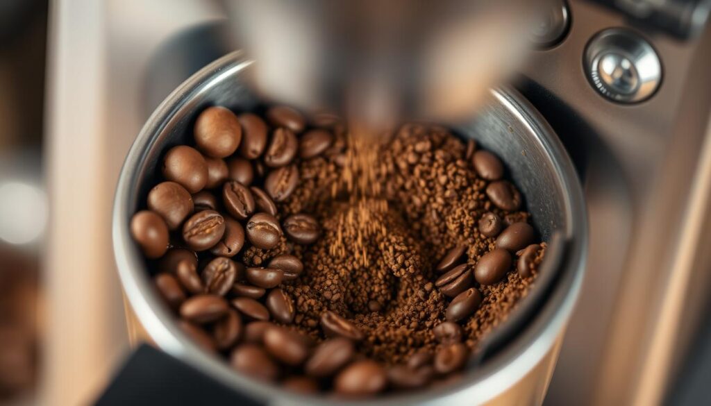 Coffee beans being ground in a burr grinder for espresso