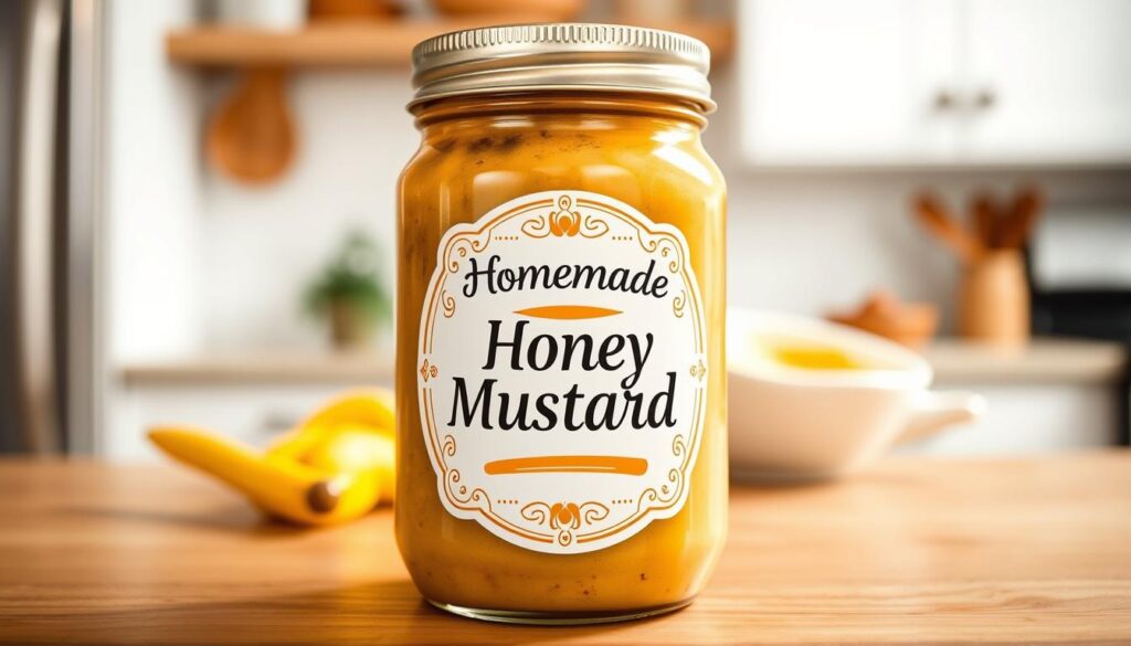Create an image of a homemade McDonald's Honey Mustard sauce in a jar, with a label that says "Homemade Honey Mustard"
