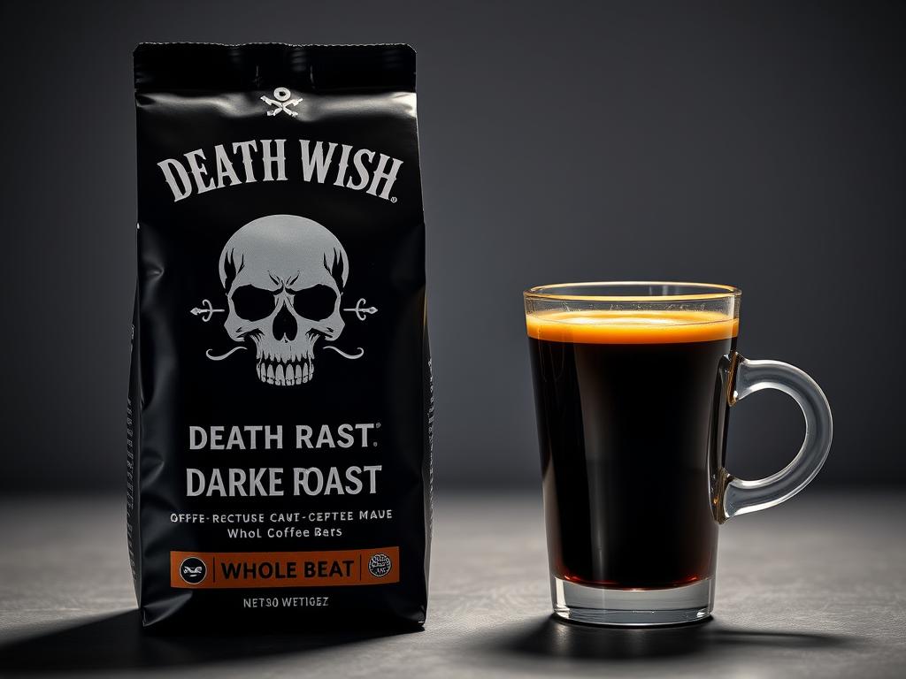 Death Wish Coffee package with skull logo and espresso shot Death Wish Coffee package with skull logo and espresso shot
