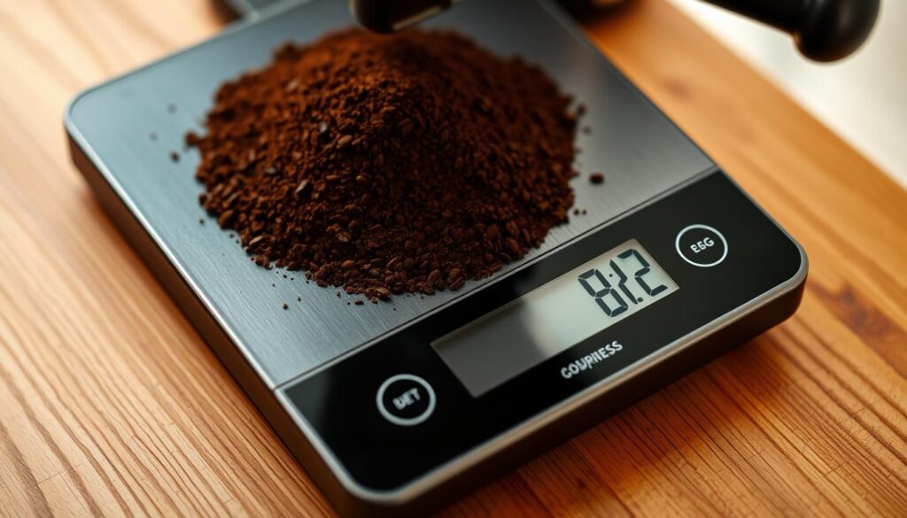 Detailed close-up of a digital kitchen scale displaying 18-22 grams of freshly ground coffee on a wooden surface. The scale has a sleek, minimalist design with a large, easy-to-read LCD display. The coffee grounds are evenly distributed on the scale's platform, their rich, dark brown color contrasting beautifully with the natural wood tones. Soft, diffused lighting from an overhead source illuminates the scene, casting gentle shadows and highlighting the textural qualities of the coffee. The overall mood is one of precision, craftsmanship, and the attention to detail required to brew the perfect double espresso. Detailed close-up of a digital kitchen scale displaying 18-22 grams of freshly ground coffee on a wooden surface. The scale has a sleek, minimalist design with a large, easy-to-read LCD display. The coffee grounds are evenly distributed on the scale's platform, their rich, dark brown color contrasting beautifully with the natural wood tones. Soft, diffused lighting from an overhead source illuminates the scene, casting gentle shadows and highlighting the textural qualities of the coffee. The overall mood is one of precision, craftsmanship, and the attention to detail required to brew the perfect double espresso.
