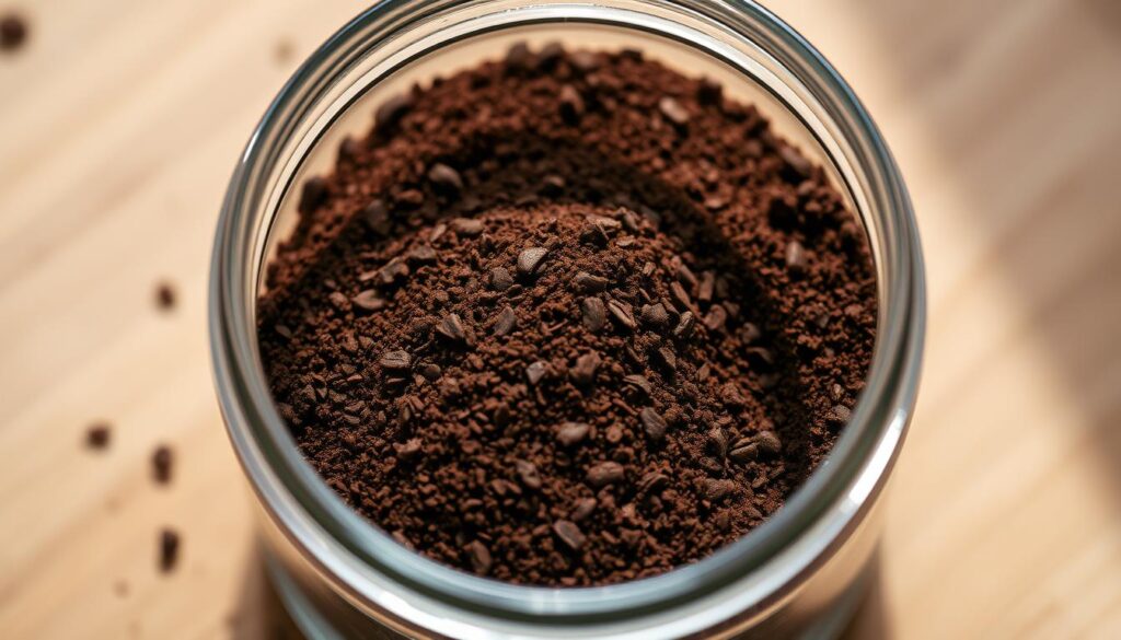 Detailed close-up of a glass jar filled with fine, dark-brown instant espresso powder. The granules have a rich, glossy sheen and appear freshly ground. The jar is set on a wooden surface, with soft, natural lighting illuminating the contents from above, casting gentle shadows. The overall mood is warm and inviting, highlighting the high-quality, artisanal nature of the instant espresso. The depth of field is shallow, keeping the focus on the powder while gently blurring the background to a soft, neutral tone. Detailed close-up of a glass jar filled with fine, dark-brown instant espresso powder. The granules have a rich, glossy sheen and appear freshly ground. The jar is set on a wooden surface, with soft, natural lighting illuminating the contents from above, casting gentle shadows. The overall mood is warm and inviting, highlighting the high-quality, artisanal nature of the instant espresso. The depth of field is shallow, keeping the focus on the powder while gently blurring the background to a soft, neutral tone.