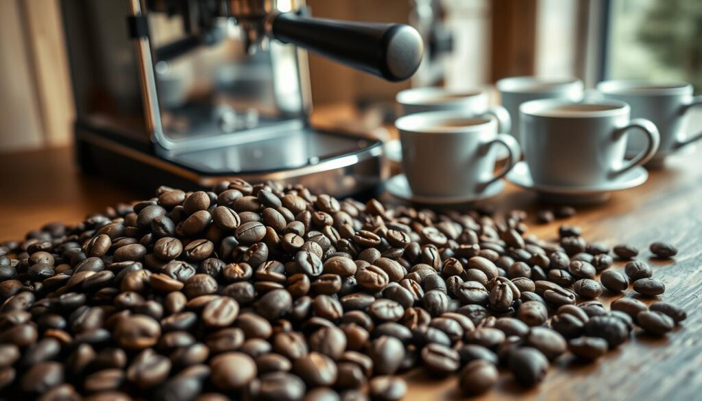 Detailed still life image of coffee beans, espresso machine, and coffee cups on a wooden table. The foreground features an array of high-quality whole coffee beans in various shades of brown, with an elegant espresso machine in the middle ground. In the background, several porcelain cups are arranged, steam gently rising from the freshly brewed espresso. Soft, warm lighting casts a cozy, contemplative atmosphere, highlighting the textures and colors of the scene. The composition is balanced, with a focus on the key elements that convey the art and considerations of choosing the right espresso roast. Detailed still life image of coffee beans, espresso machine, and coffee cups on a wooden table. The foreground features an array of high-quality whole coffee beans in various shades of brown, with an elegant espresso machine in the middle ground. In the background, several porcelain cups are arranged, steam gently rising from the freshly brewed espresso. Soft, warm lighting casts a cozy, contemplative atmosphere, highlighting the textures and colors of the scene. The composition is balanced, with a focus on the key elements that convey the art and considerations of choosing the right espresso roast.