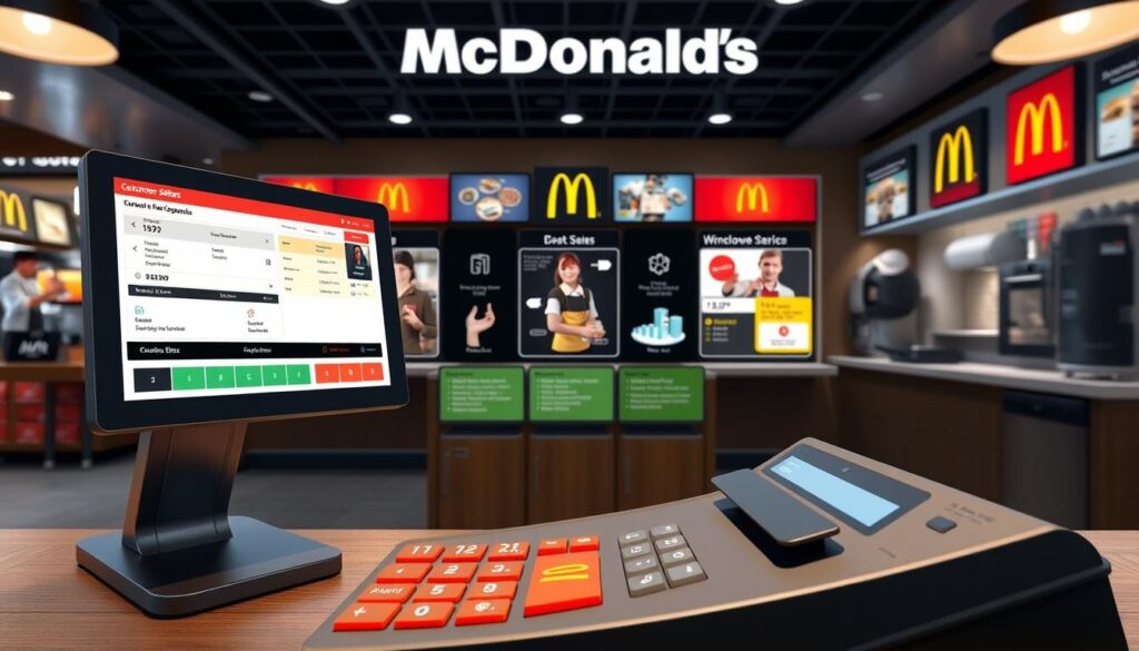 Detailed, well-lit 3D rendering of a McDonald's Point-of-Sale (POS) Training Simulator interface. The foreground showcases the interactive POS terminal with a sleek, intuitive touchscreen display. Customers' order details are prominently featured, along with easy-to-navigate menu buttons. In the middle ground, a series of training scenarios are depicted, simulating real-world order processing and customer service workflows. The background features a realistic McDonald's restaurant environment, complete with branded decor and appliances, creating an immersive training experience. The overall mood is professional, educational, and designed to enhance the user's POS system expertise. Detailed, well-lit 3D rendering of a McDonald's Point-of-Sale (POS) Training Simulator interface. The foreground showcases the interactive POS terminal with a sleek, intuitive touchscreen display. Customers' order details are prominently featured, along with easy-to-navigate menu buttons. In the middle ground, a series of training scenarios are depicted, simulating real-world order processing and customer service workflows. The background features a realistic McDonald's restaurant environment, complete with branded decor and appliances, creating an immersive training experience. The overall mood is professional, educational, and designed to enhance the user's POS system expertise.