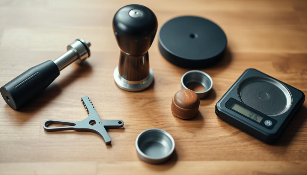 Espresso accessories including tamper, distribution tool, and scale on wooden surface