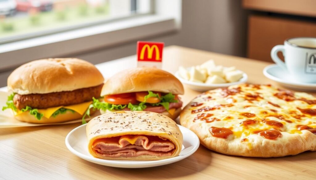 Generate an image of McDonald's UK Breakfast Saver Menu items like Sausage Sandwich, Saver Bacon Roll, and Cheesy Bacon Flatbread. Generate an image of McDonald's UK Breakfast Saver Menu items like Sausage Sandwich, Saver Bacon Roll, and Cheesy Bacon Flatbread.