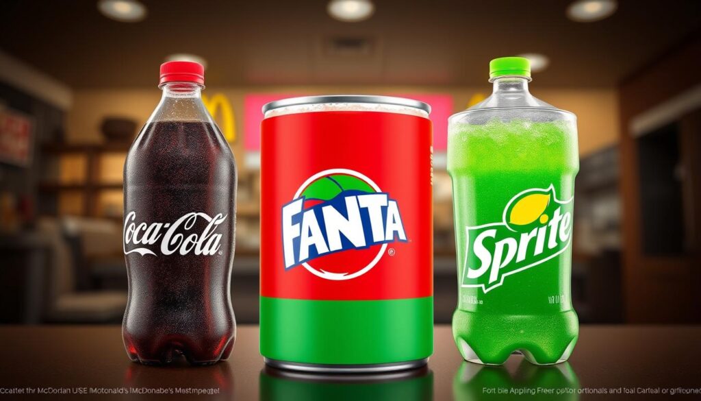 Generate an image of McDonald's UK drinks menu featuring Coca-Cola, Fanta, and Sprite. Generate an image of McDonald's UK drinks menu featuring Coca-Cola, Fanta, and Sprite.