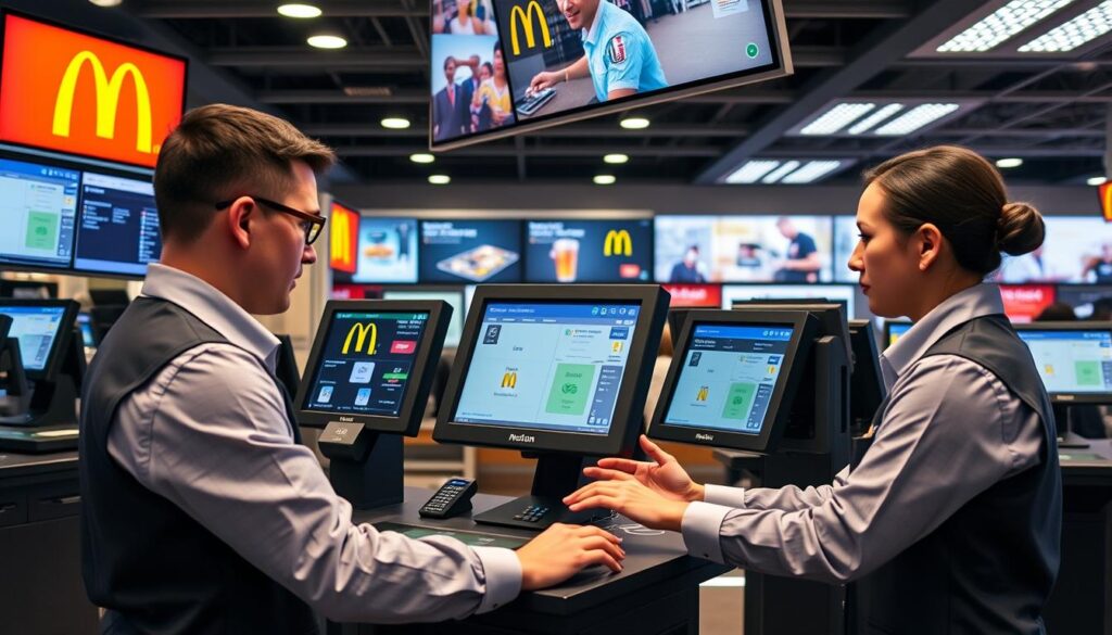 Generate an image of McDonald's employees using the POS training simulator. Generate an image of McDonald's employees using the POS training simulator.