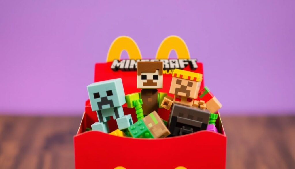 Generate an image of Minecraft Block World Toys being included in a Happy Meal box. Generate an image of Minecraft Block World Toys being included in a Happy Meal box.