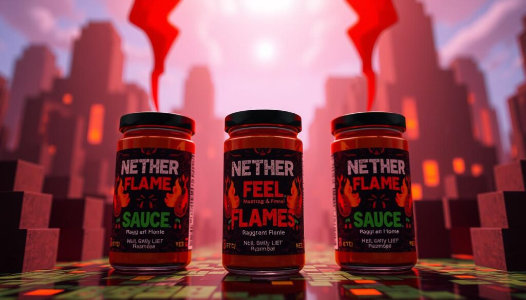 Generate an image of Nether Flame Sauce packaging with a Minecraft theme. Generate an image of Nether Flame Sauce packaging with a Minecraft theme.