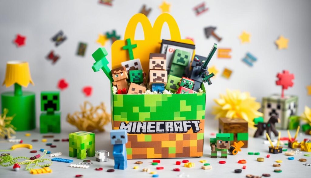 Generate an image of a Happy Meal box featuring Minecraft toys Generate an image of a Happy Meal box featuring Minecraft toys