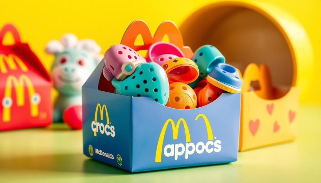 Generate an image of a McDonald's Happy Meal box featuring Crocs toys. Generate an image of a McDonald's Happy Meal box featuring Crocs toys.