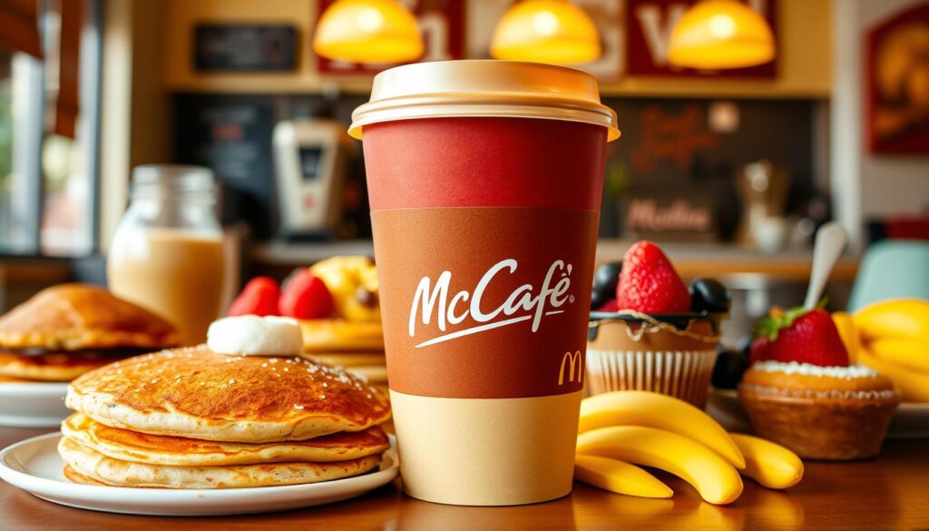 Generate an image of a McDonald's McCafé coffee cup with a variety of breakfast items in the background. Generate an image of a McDonald's McCafé coffee cup with a variety of breakfast items in the background.