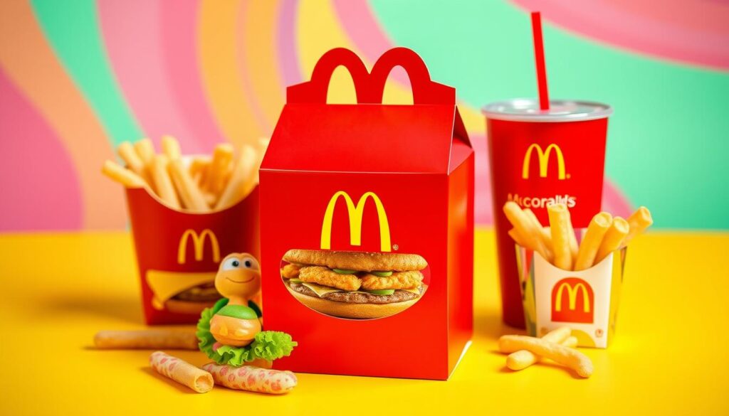 Generate an image of a McDonald's UK Happy Meal box with various meal options. Generate an image of a McDonald's UK Happy Meal box with various meal options.