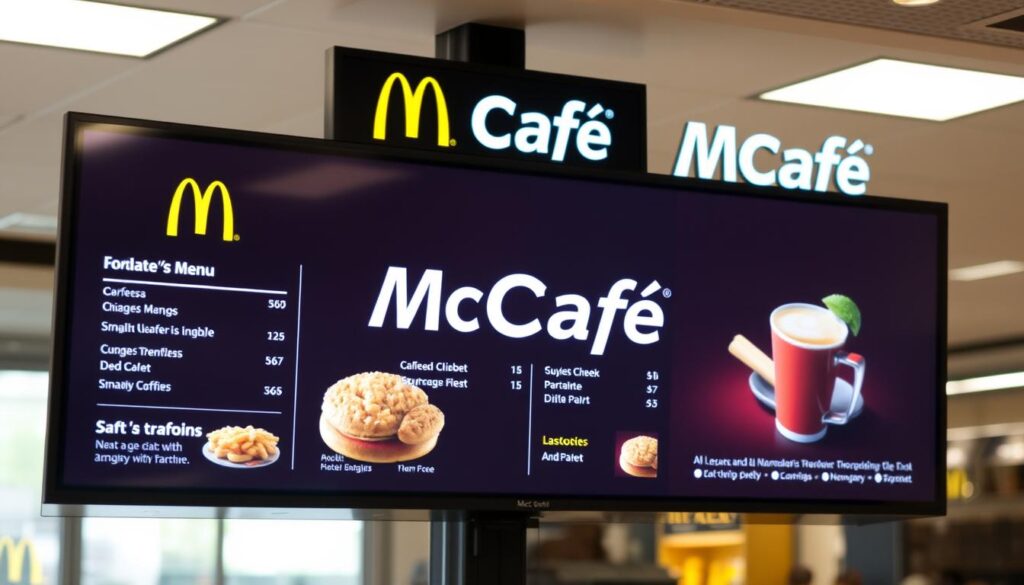 Generate an image of a McDonald's UK McCafé menu displayed on a digital screen. Generate an image of a McDonald's UK McCafé menu displayed on a digital screen.