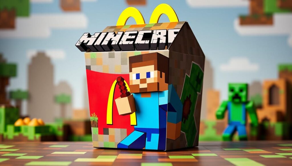 Generate an image of a McDonald's meal box featuring Minecraft characters. Generate an image of a McDonald's meal box featuring Minecraft characters.