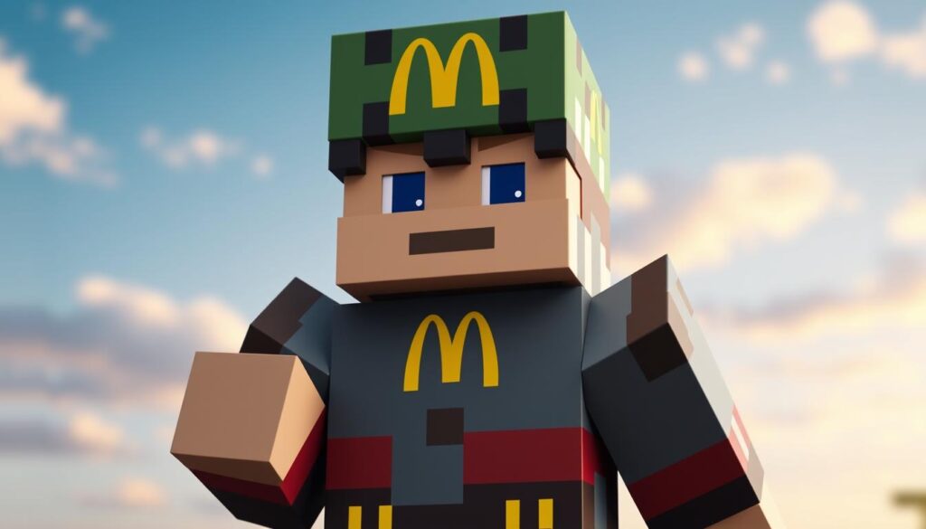 Generate an image of a Minecraft character wearing an exclusive McDonald's skin. Generate an image of a Minecraft character wearing an exclusive McDonald's skin.