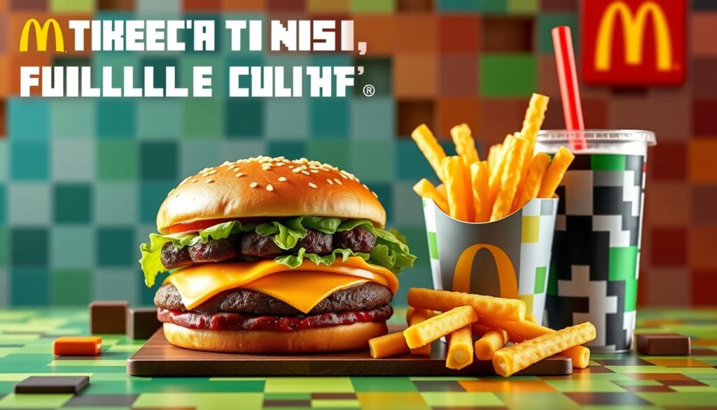 Generate an image of a Minecraft-themed McDonald's meal with collectibles Generate an image of a Minecraft-themed McDonald's meal with collectibles