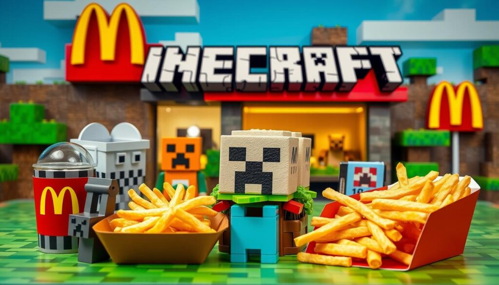 Generate an image of a Minecraft-themed meal at McDonald's, featuring adult-oriented collectibles. Generate an image of a Minecraft-themed meal at McDonald's, featuring adult-oriented collectibles.