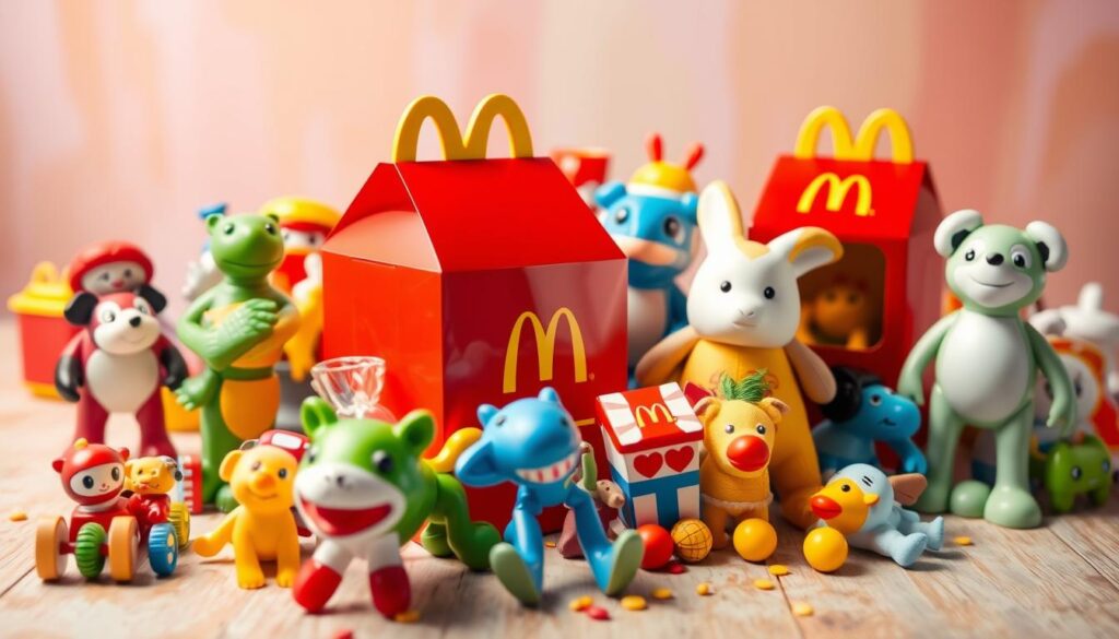 Generate an image of a collection of the most popular McDonald's Happy Meal toys. Generate an image of a collection of the most popular McDonald's Happy Meal toys.