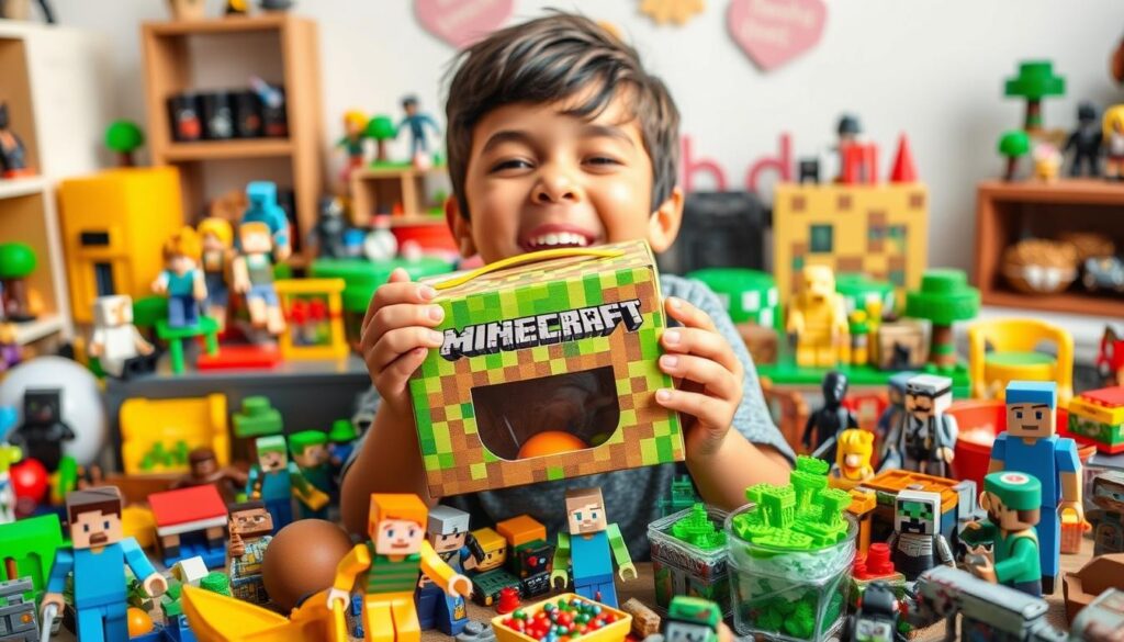 Generate an image of a happy child holding a Minecraft-themed Happy Meal box with a variety of Minecraft toys around them. Generate an image of a happy child holding a Minecraft-themed Happy Meal box with a variety of Minecraft toys around them.