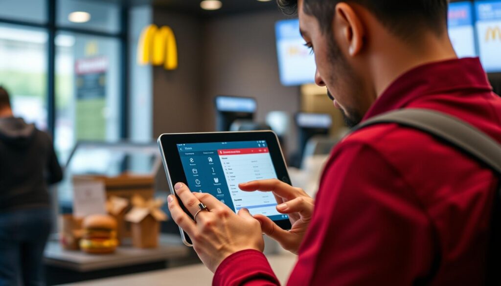 Generate an image of a person using the McDonald's POS Training Simulator on a tablet. Generate an image of a person using the McDonald's POS Training Simulator on a tablet.