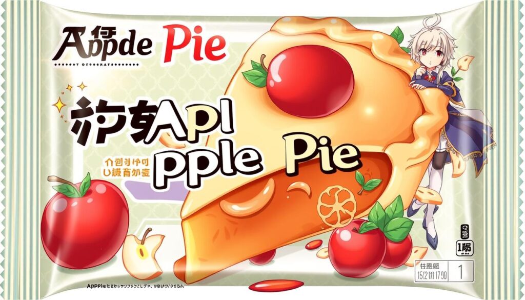 Generate an image of the Genshin Impact Apple Pie with Kaedehara Kazuha and Beidou on the packaging. Generate an image of the Genshin Impact Apple Pie with Kaedehara Kazuha and Beidou on the packaging.