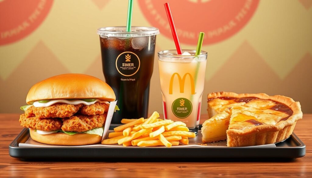 Generate an image of the Genshin Impact Deluxe McCrispy Meal, including the Deluxe McCrispy chicken sandwich, fries, drink, and the Genshin Impact Apple Pie. Generate an image of the Genshin Impact Deluxe McCrispy Meal, including the Deluxe McCrispy chicken sandwich, fries, drink, and the Genshin Impact Apple Pie.