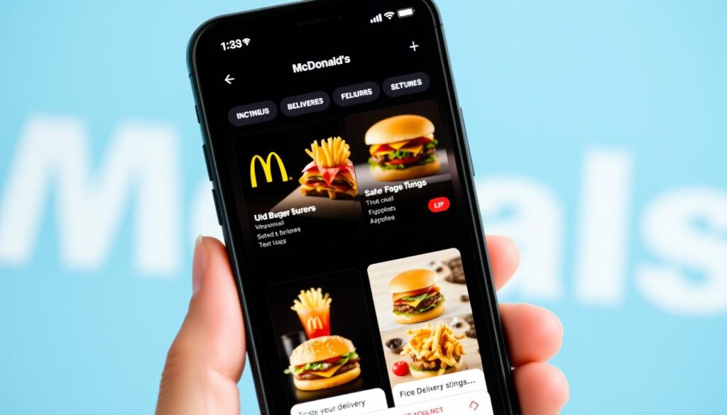 Generate an image of the McDonald's UK app interface on a mobile device, showing various menu items and delivery options. Generate an image of the McDonald's UK app interface on a mobile device, showing various menu items and delivery options.