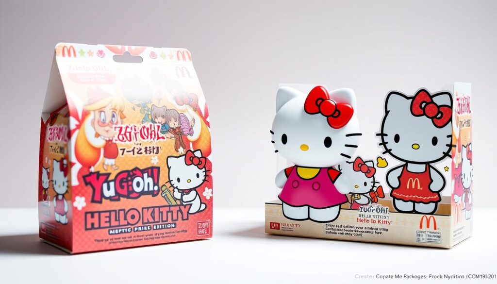 Generate an image of the limited edition packaging of a McDonald's Yu-Gi-Oh! Hello Kitty toy. Generate an image of the limited edition packaging of a McDonald's Yu-Gi-Oh! Hello Kitty toy.