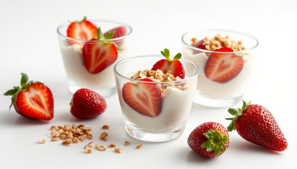 High-resolution photograph of the individual ingredients that make up a McDonald's Yogurt Parfait, captured in a clean, well-lit studio setting with a soft, even lighting and a plain white background. Prominently featured are small glass bowls or cups containing: low-fat vanilla yogurt, fresh strawberry slices, granola or oats, and a sprinkling of chopped nuts. The items are arranged in an appealing, symmetrical manner, with the various components clearly visible and easy to distinguish. The overall mood is one of freshness, simplicity, and appetite appeal. High-resolution photograph of the individual ingredients that make up a McDonald's Yogurt Parfait, captured in a clean, well-lit studio setting with a soft, even lighting and a plain white background. Prominently featured are small glass bowls or cups containing: low-fat vanilla yogurt, fresh strawberry slices, granola or oats, and a sprinkling of chopped nuts. The items are arranged in an appealing, symmetrical manner, with the various components clearly visible and easy to distinguish. The overall mood is one of freshness, simplicity, and appetite appeal.