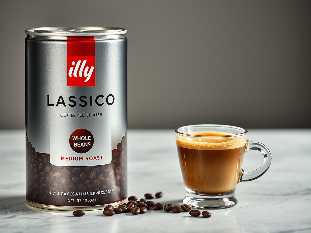 Illy Classico pressurized can with espresso being served Illy Classico pressurized can with espresso being served