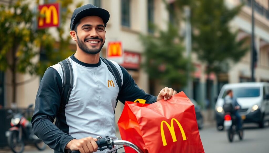 Image of McDonald's delivery driver holding a bag of food Image of McDonald's delivery driver holding a bag of food
