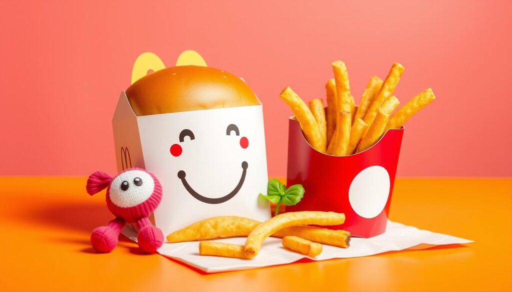 Image of a Happy Meal with a hamburger, fries, and a toy Image of a Happy Meal with a hamburger, fries, and a toy